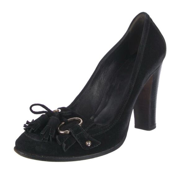 Authentic Gucci Black Silver Horsebit Fringe Tassel Loafer Block Heel Shoe 8.5 - Picture 1 of 6